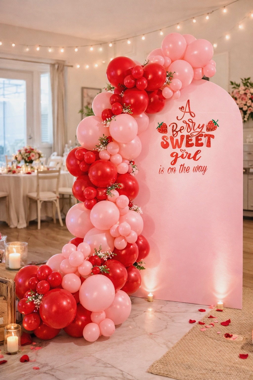 Confetti and Co. strawberry-themed baby shower with a pink and red balloon backdrop